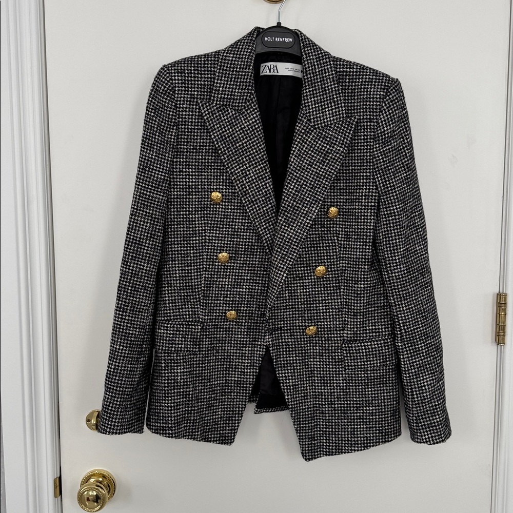Zara Houndstooth Blazer with Gold Accents